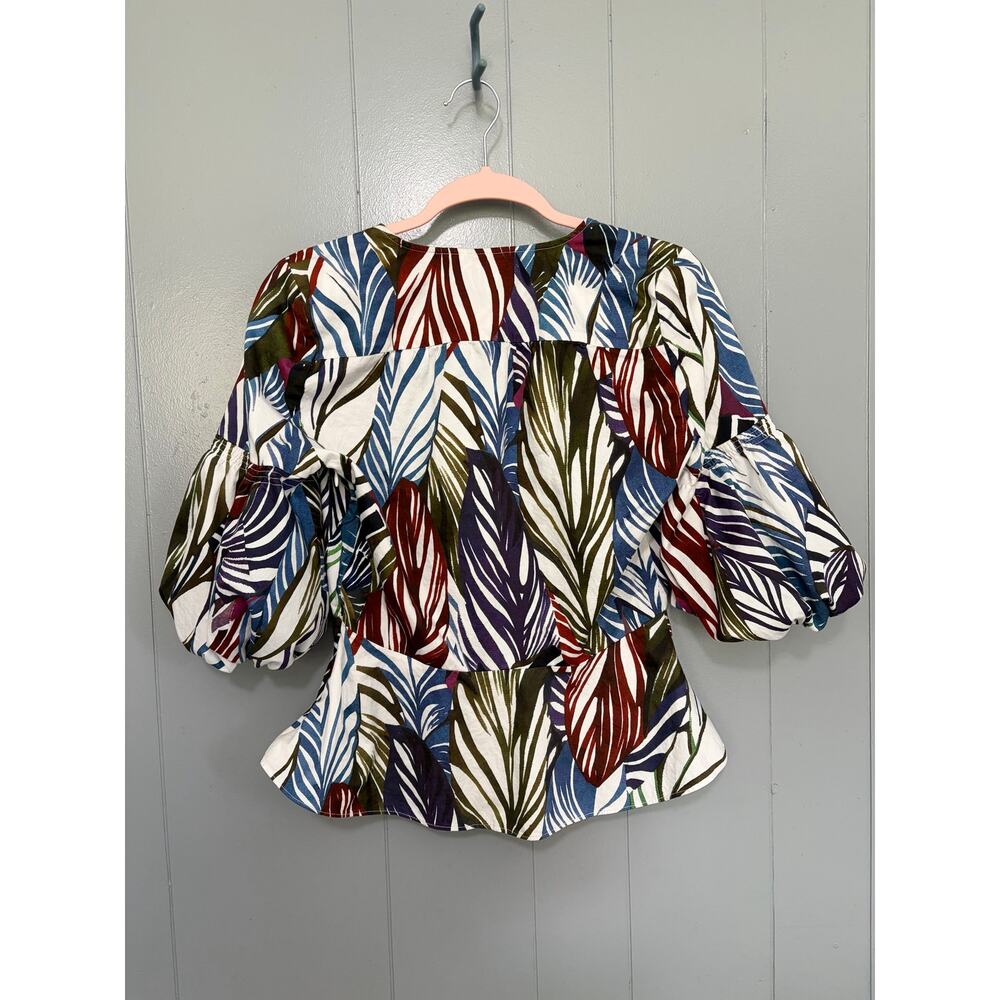 Parker Blue Green Palm Leaf Print Cotton Ruched Puff Sleeve Tropical Top M - Picture 6 of 8